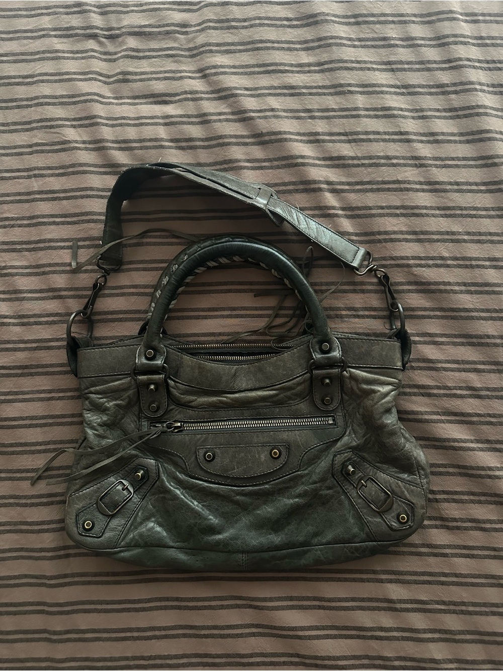 Balenciaga Distressed Olive Green Shoulder Bag